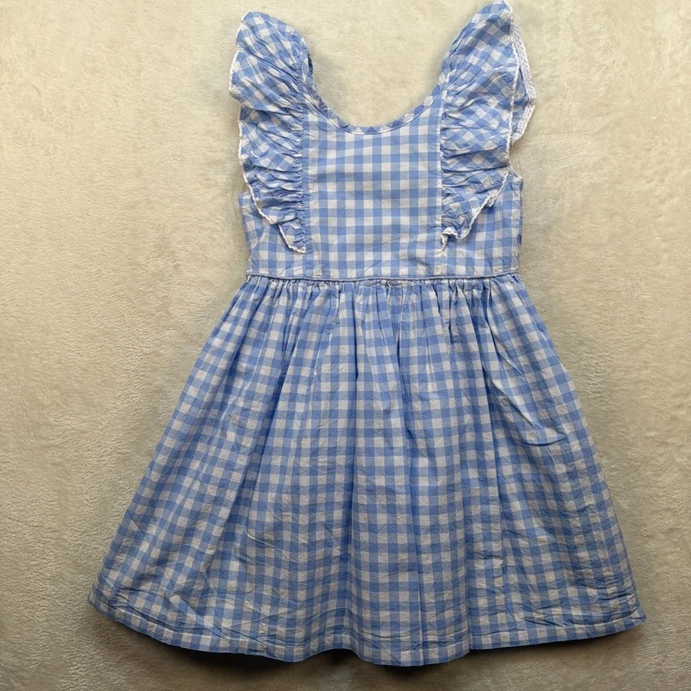 Tommy Bahama Girls Blue Gingham Dress Ruffle Bow Garden Party Picnic Size 7